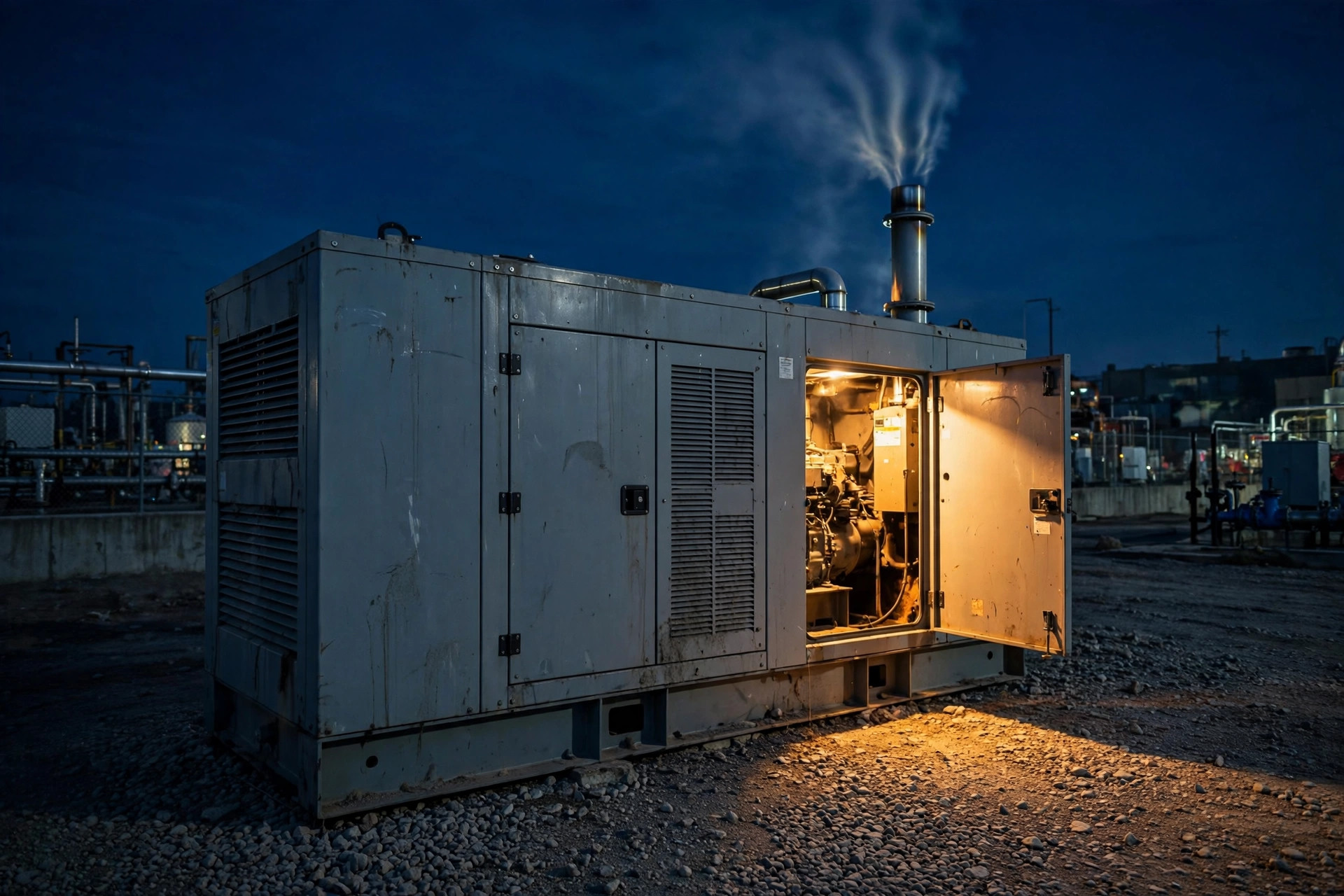 Soundproof diesel generator enclosure running at night