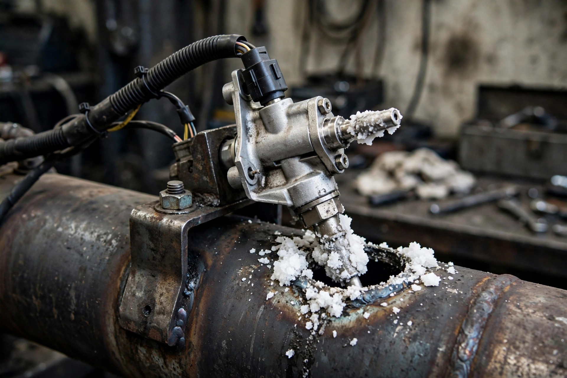 DEF dosing injector and urea supply lines on a diesel generator exhaust system