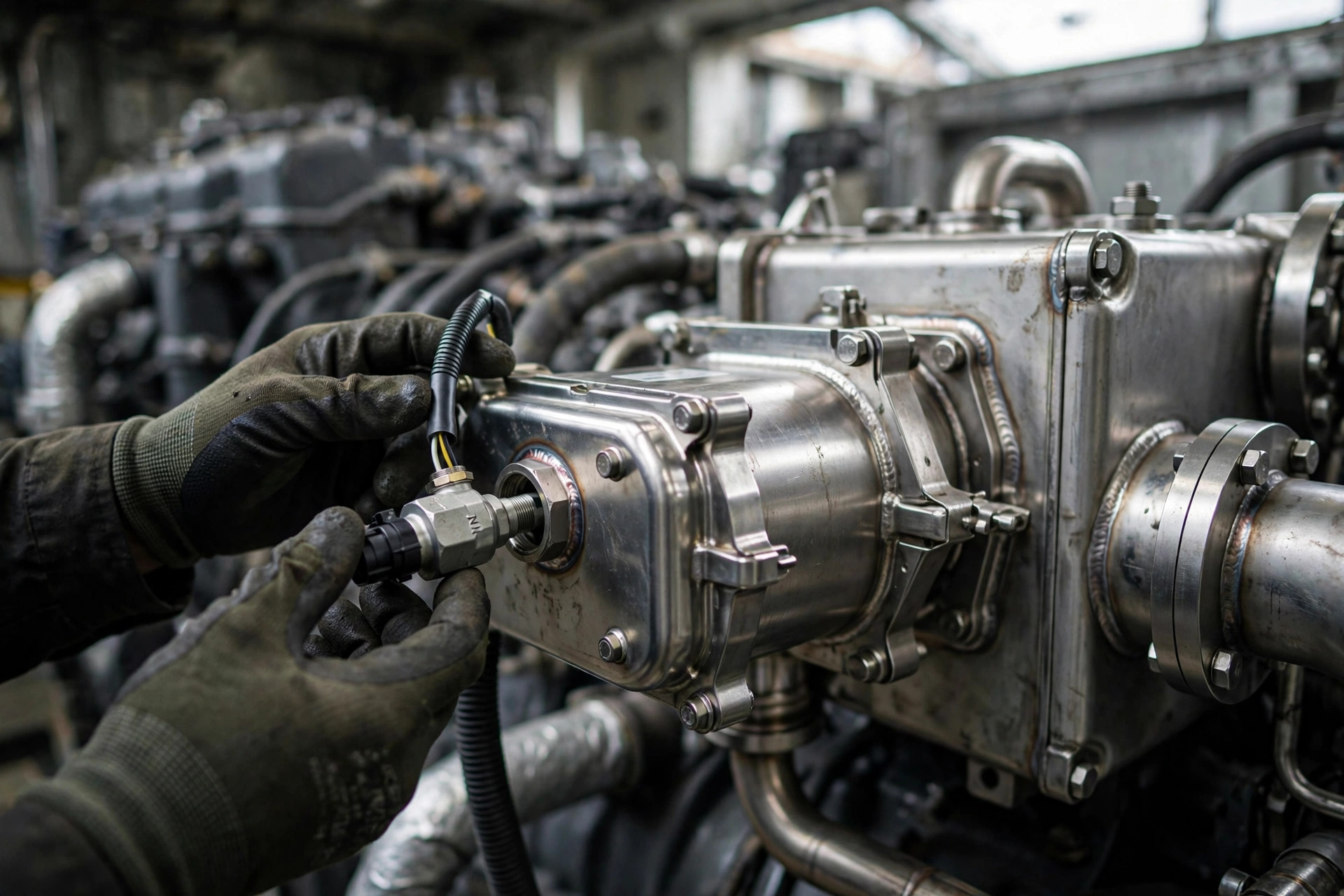 Field technician inspecting the SCR catalyst and NOx sensor on a diesel generator set