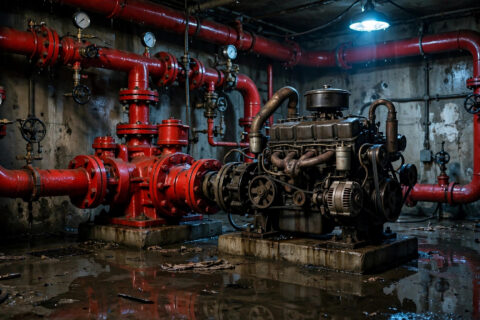 Diesel engine-driven fire pump in a fire pump room