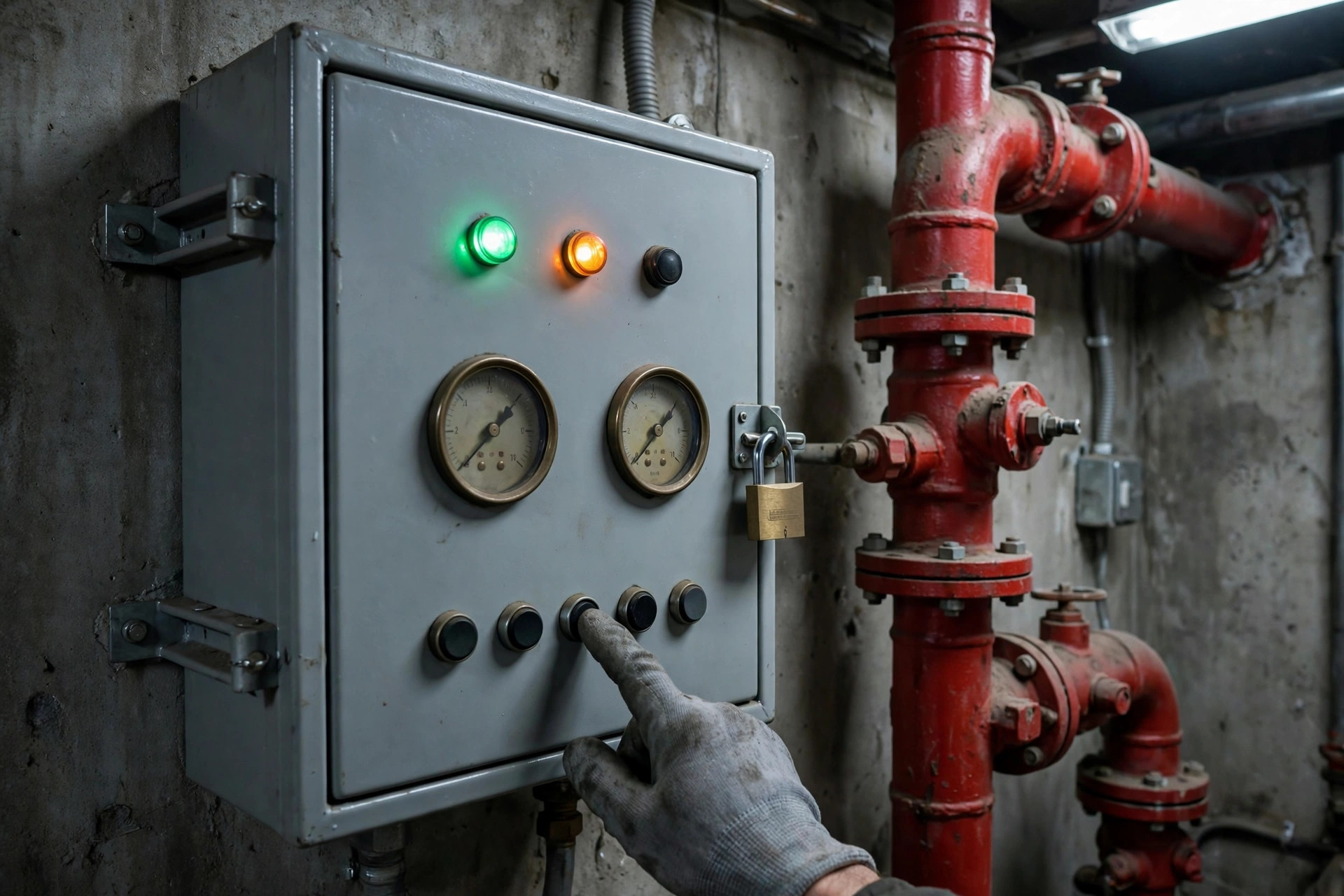 Fire pump controller cabinet with pressure gauges during weekly test