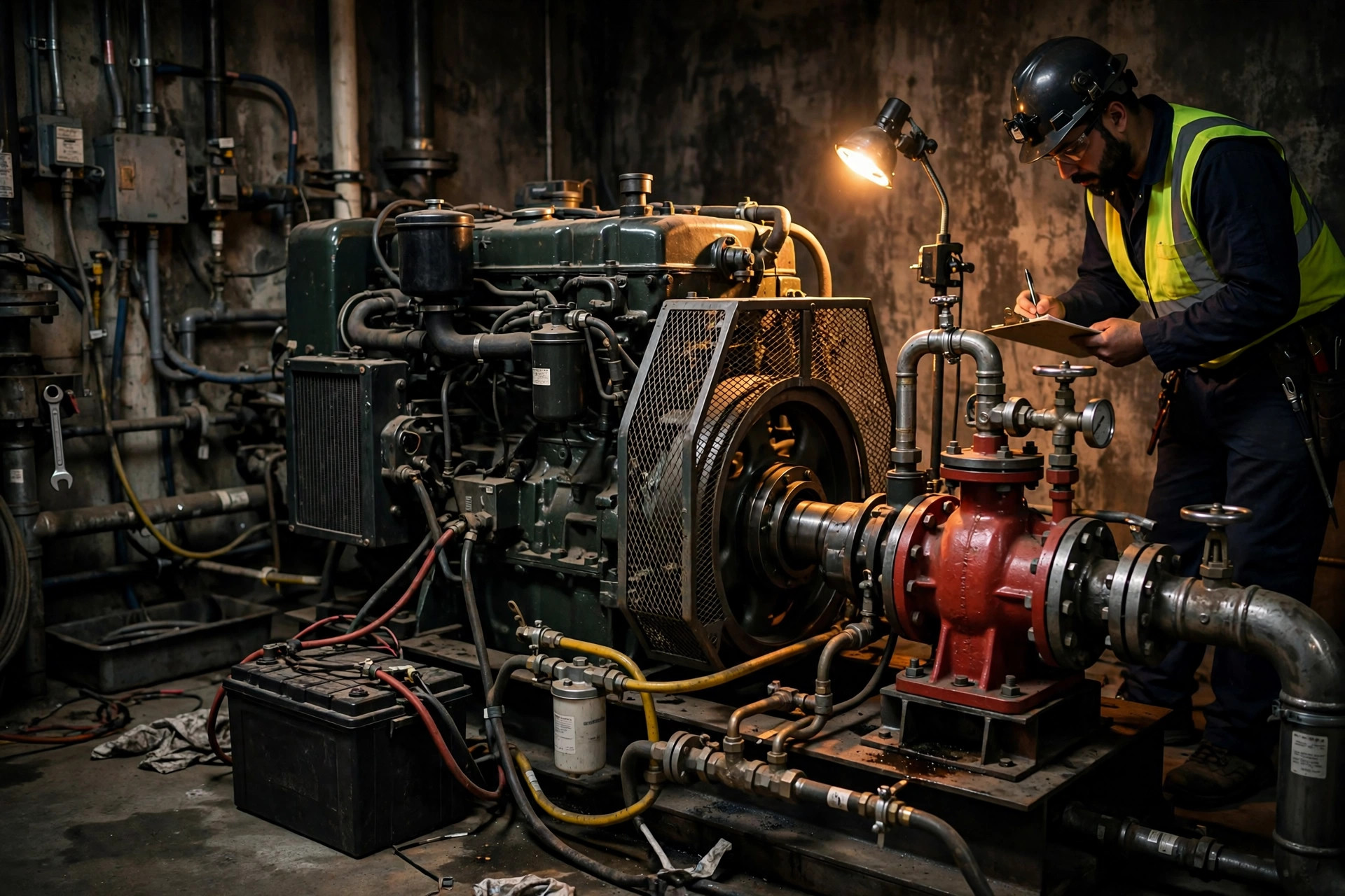 Diesel generator set coupled to a fire pump skid under inspection