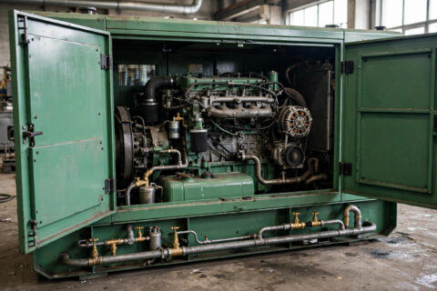 Diesel generator set with sub-base fuel tank and steel fuel piping