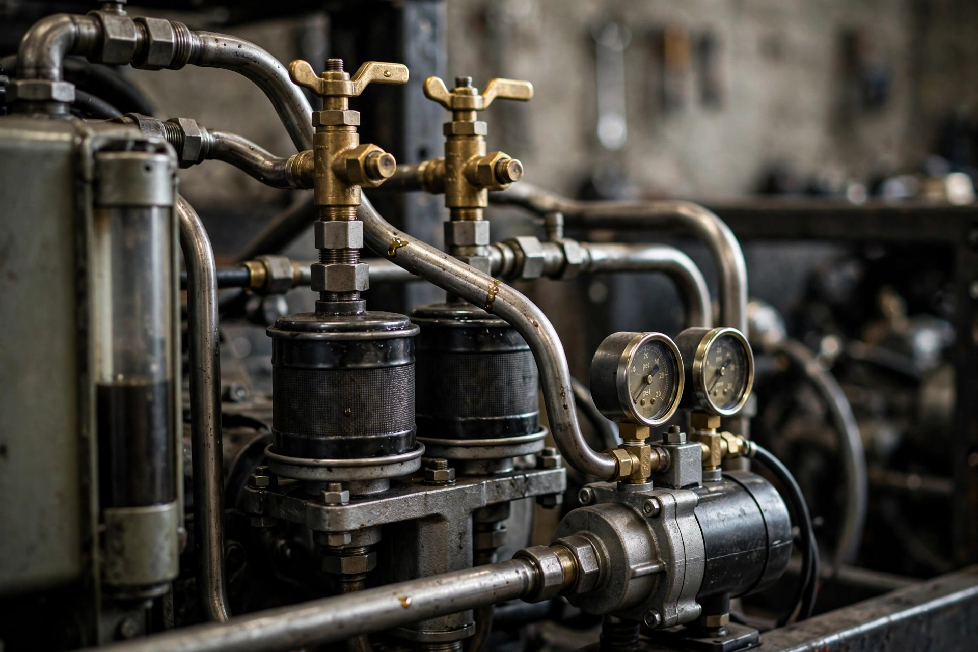 Diesel generator fuel piping, valves, filters and transfer pump beside a day tank
