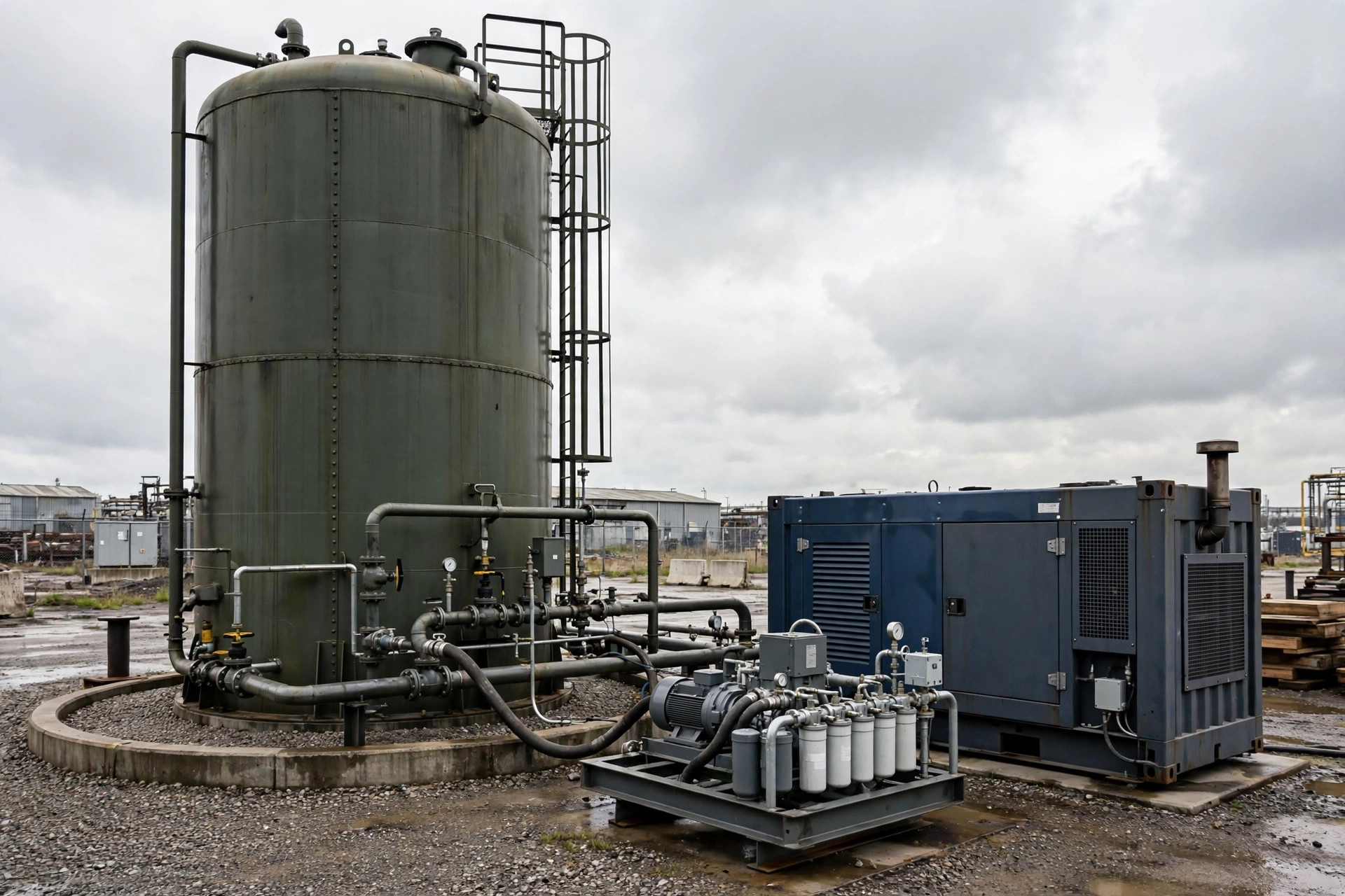 Outdoor bulk diesel storage tank with fuel polishing pump skid next to a containerized generator