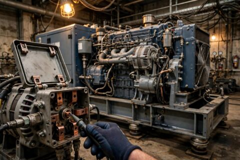 Diesel generator set with technician measuring power quality waveform in engine room