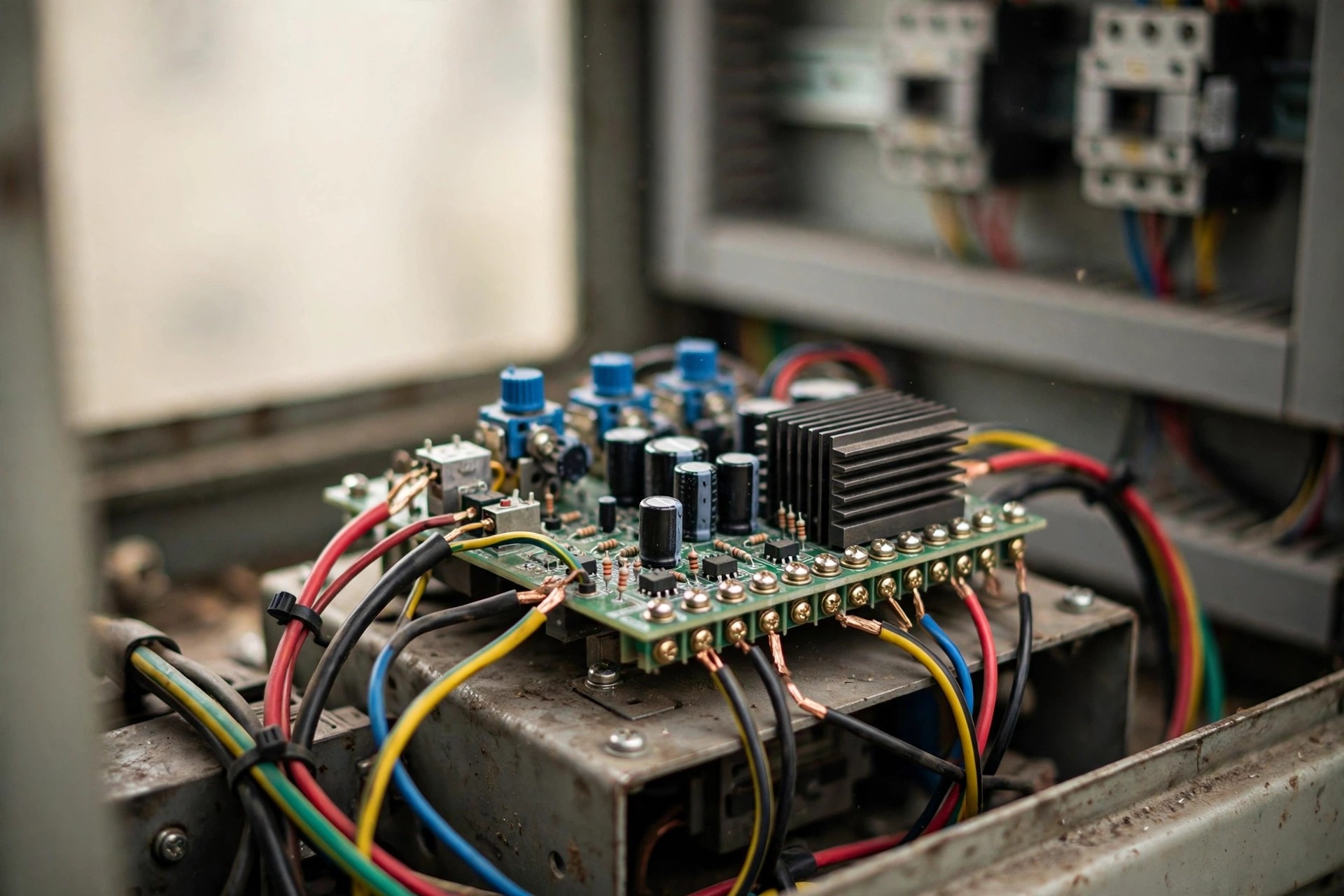Automatic voltage regulator module inside open generator control panel