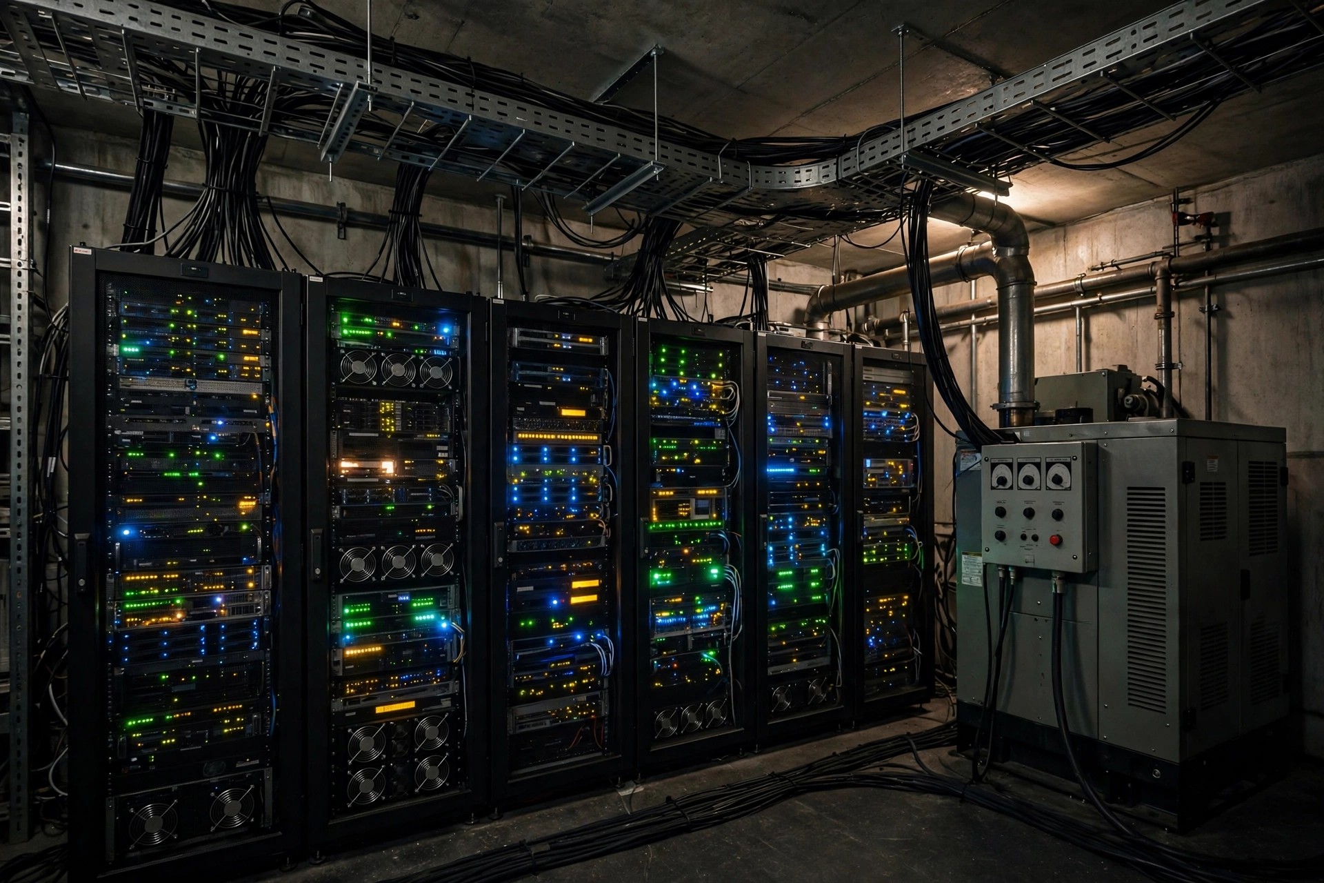 Server racks with status lights in small data room on backup generator power