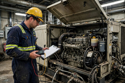 Field engineer commissioning a diesel generator on site