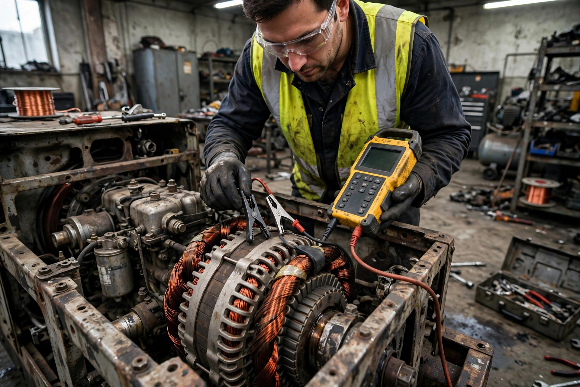 Technician testing alternator winding insulation on a new diesel generator during commissioning