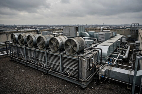 Remote radiator bank installed on a rooftop for an industrial diesel generator