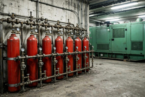 Fire suppression gas cylinders installed in a diesel generator room