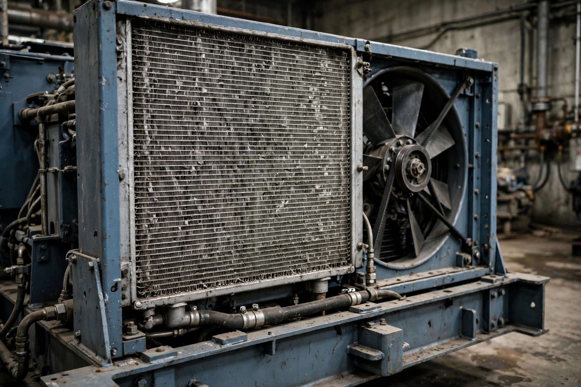 Unit-mounted radiator on a diesel generator skid inside a plant room
