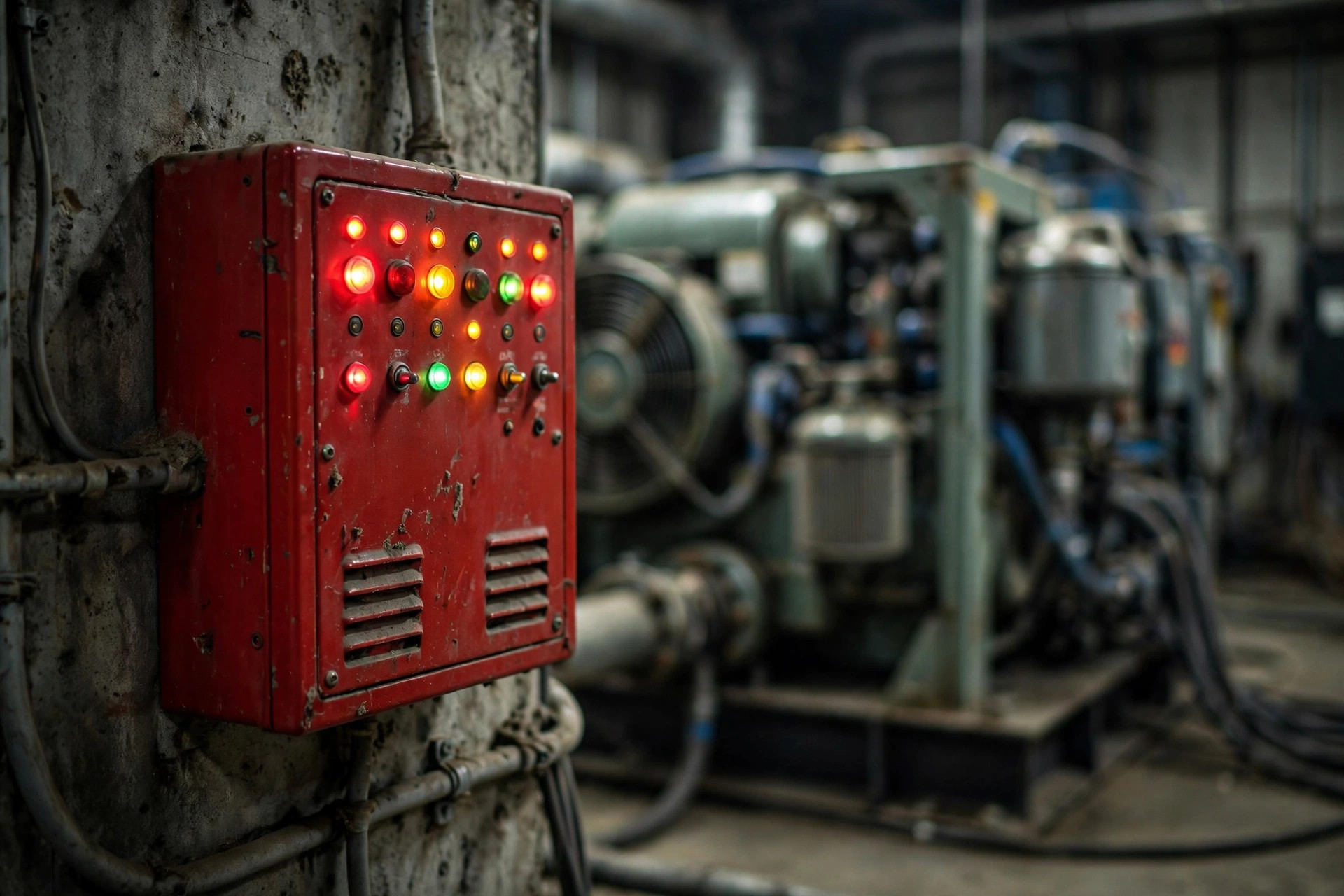 Fire alarm control panel with red indicator lights in a generator room