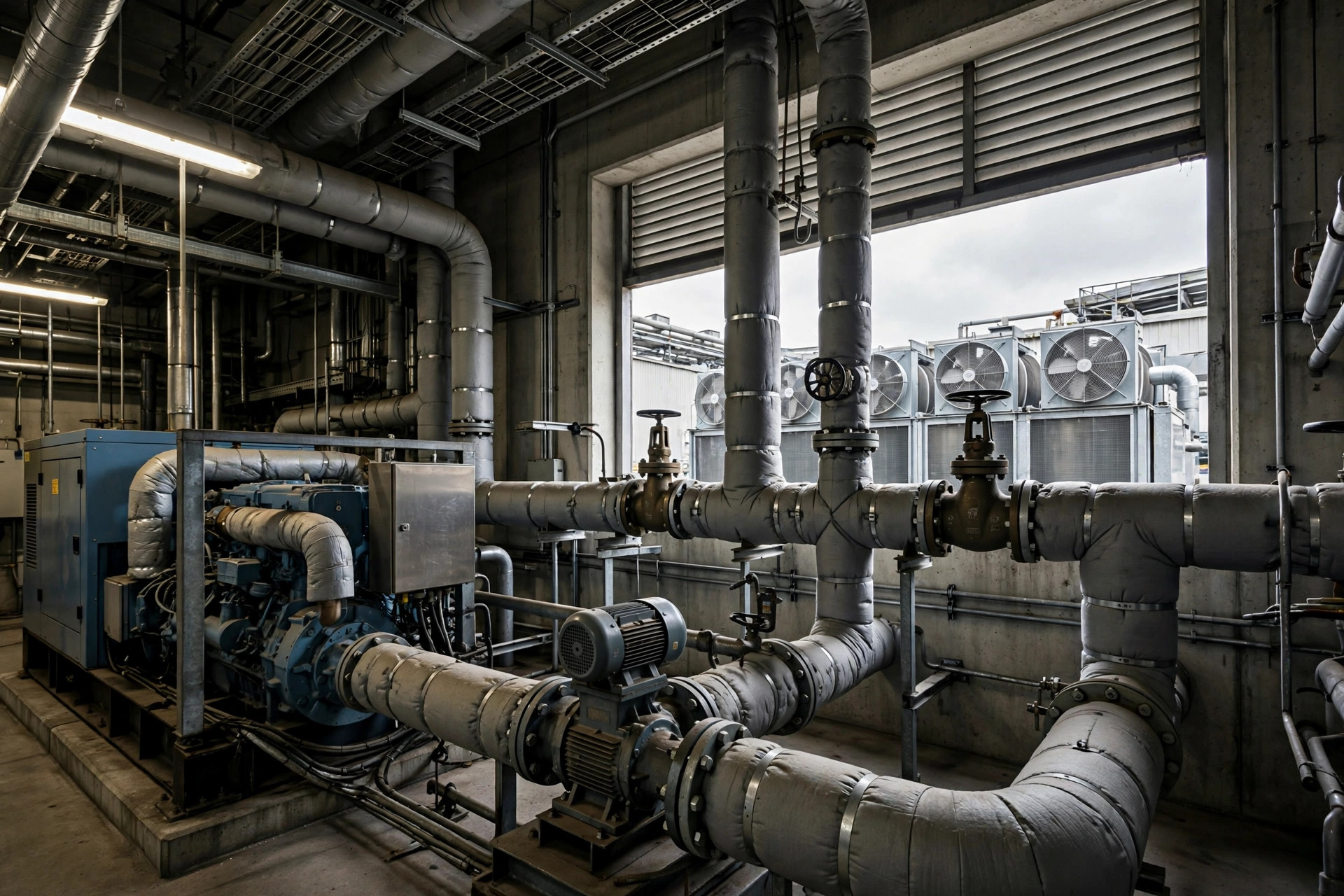 Coolant piping connecting a remote radiator to a diesel generator engine room