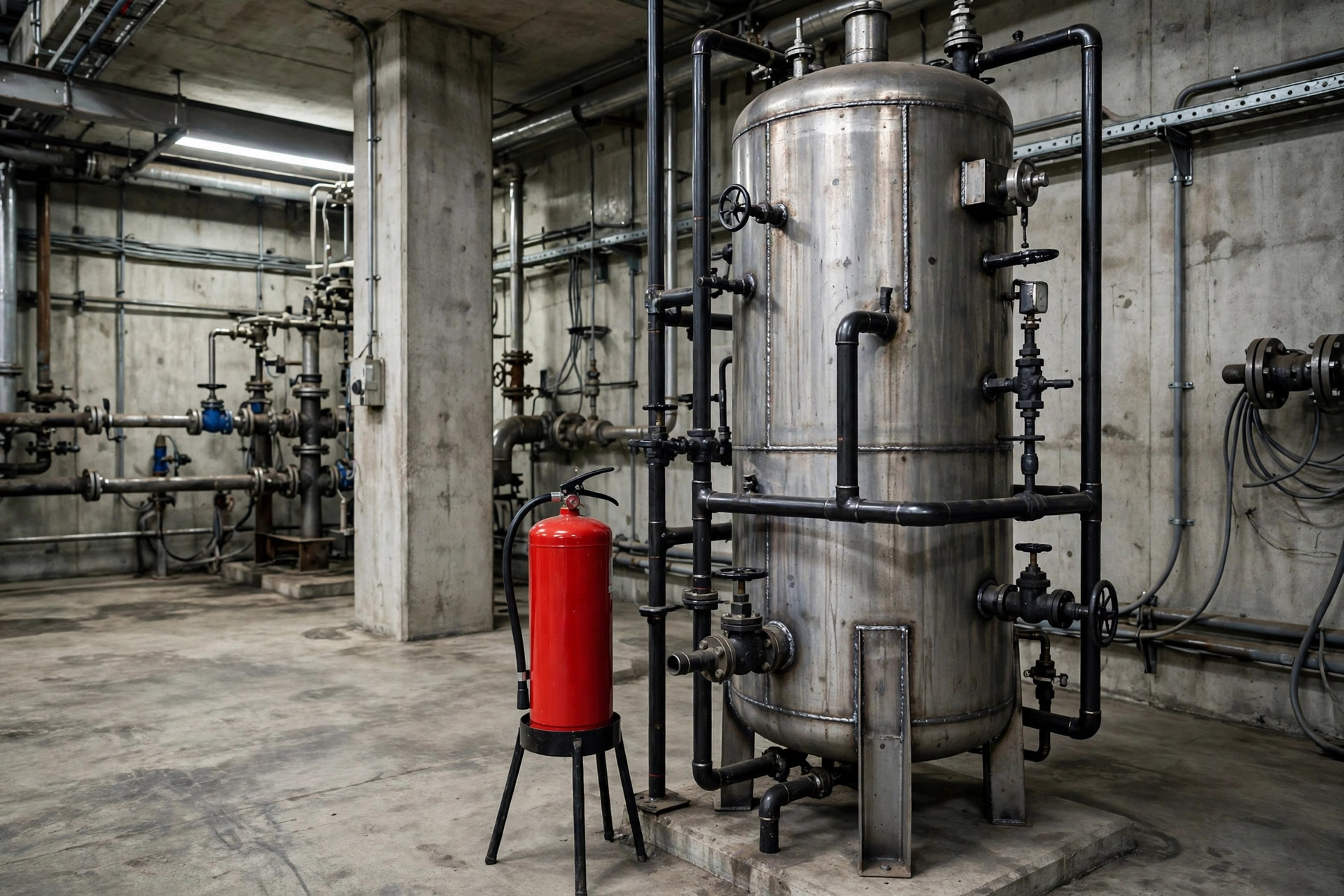 Fire extinguisher beside a diesel fuel day tank in a generator room