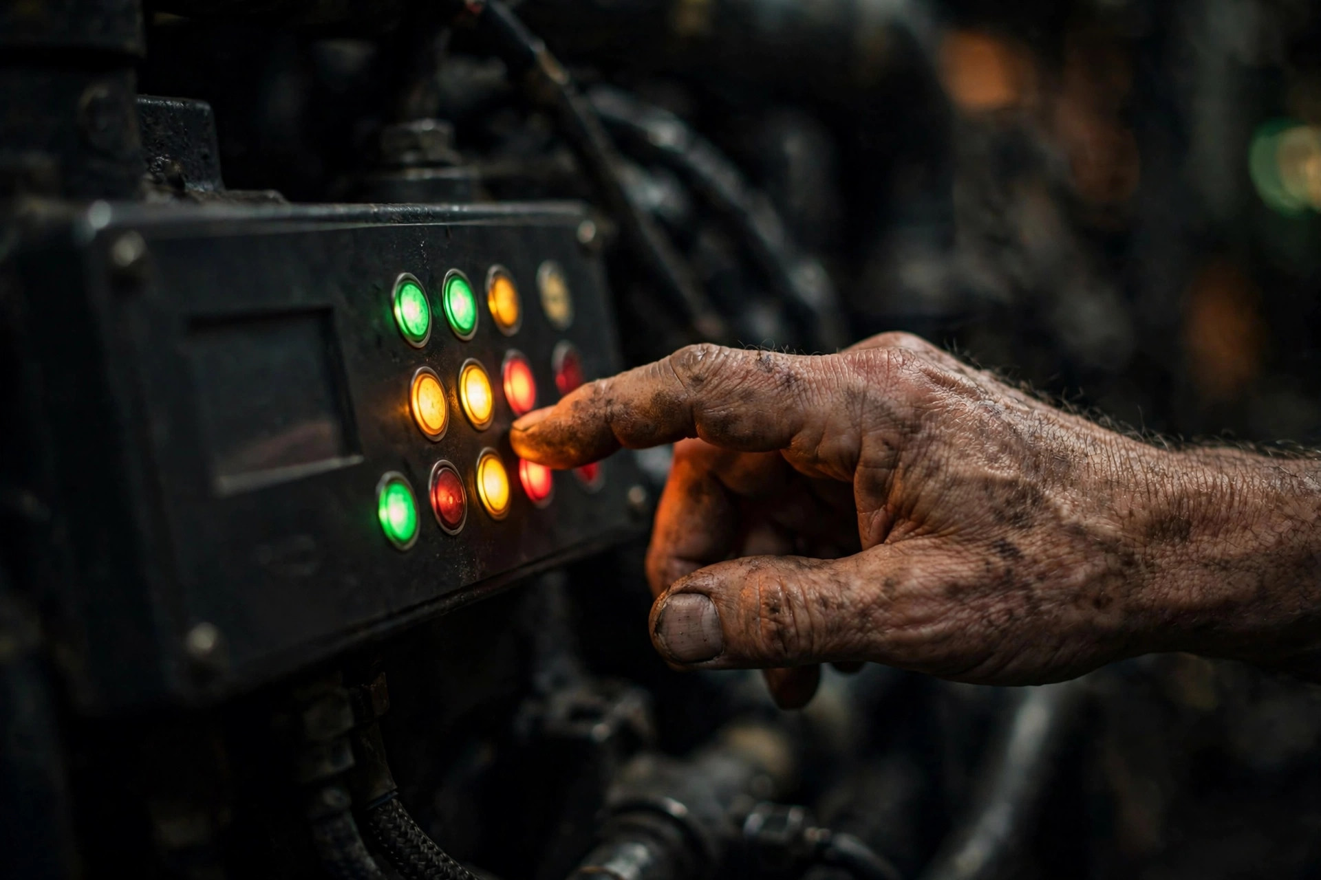Technician checking a diesel generator controller panel with indicator lights