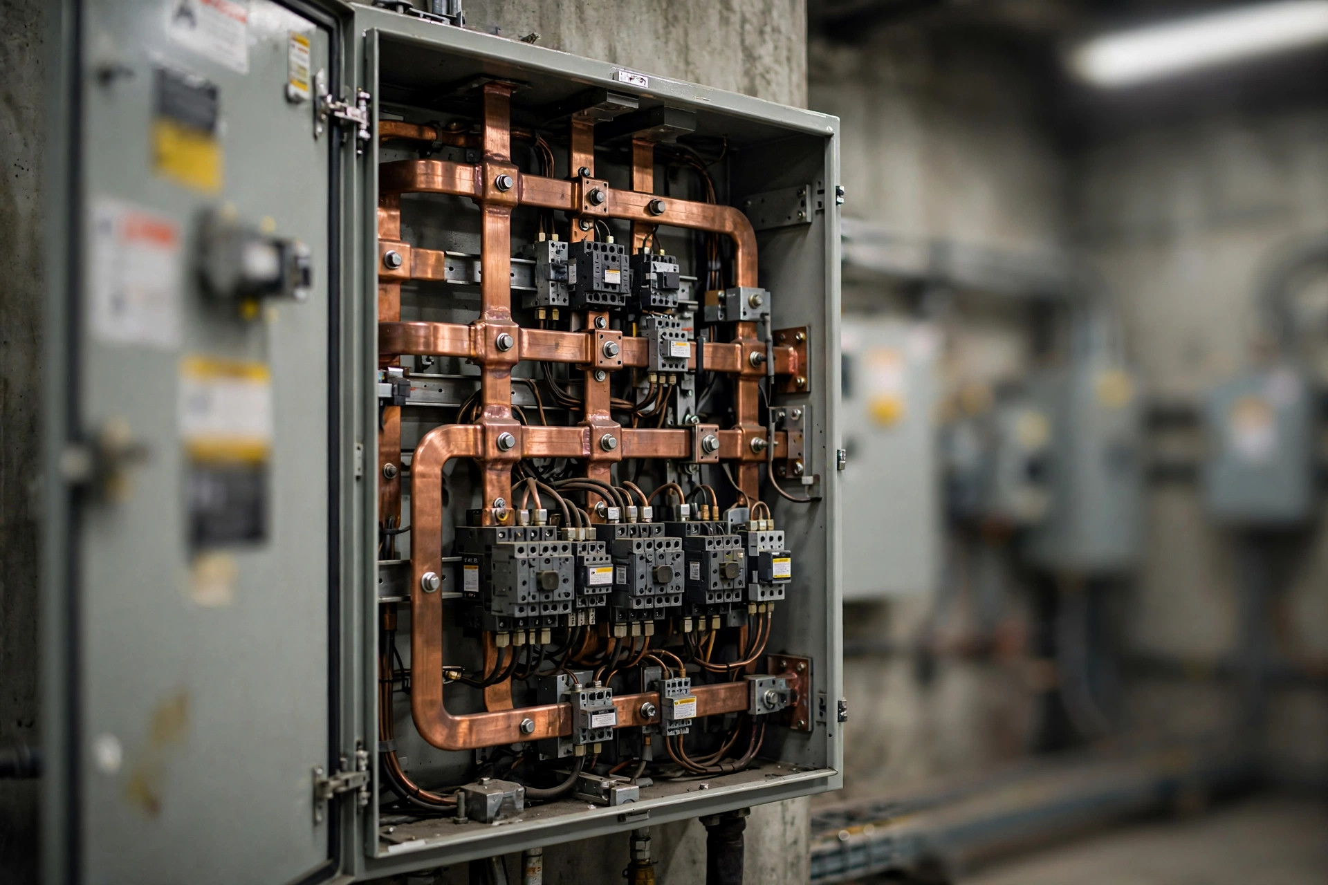 Automatic transfer switch cabinet with busbars in an industrial electrical room