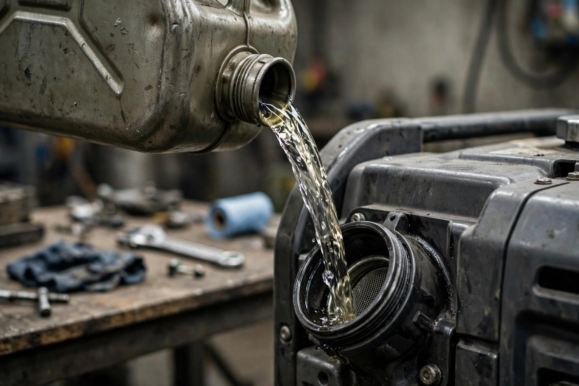 Close-up of clear renewable diesel HVO fuel being poured from a jerry can