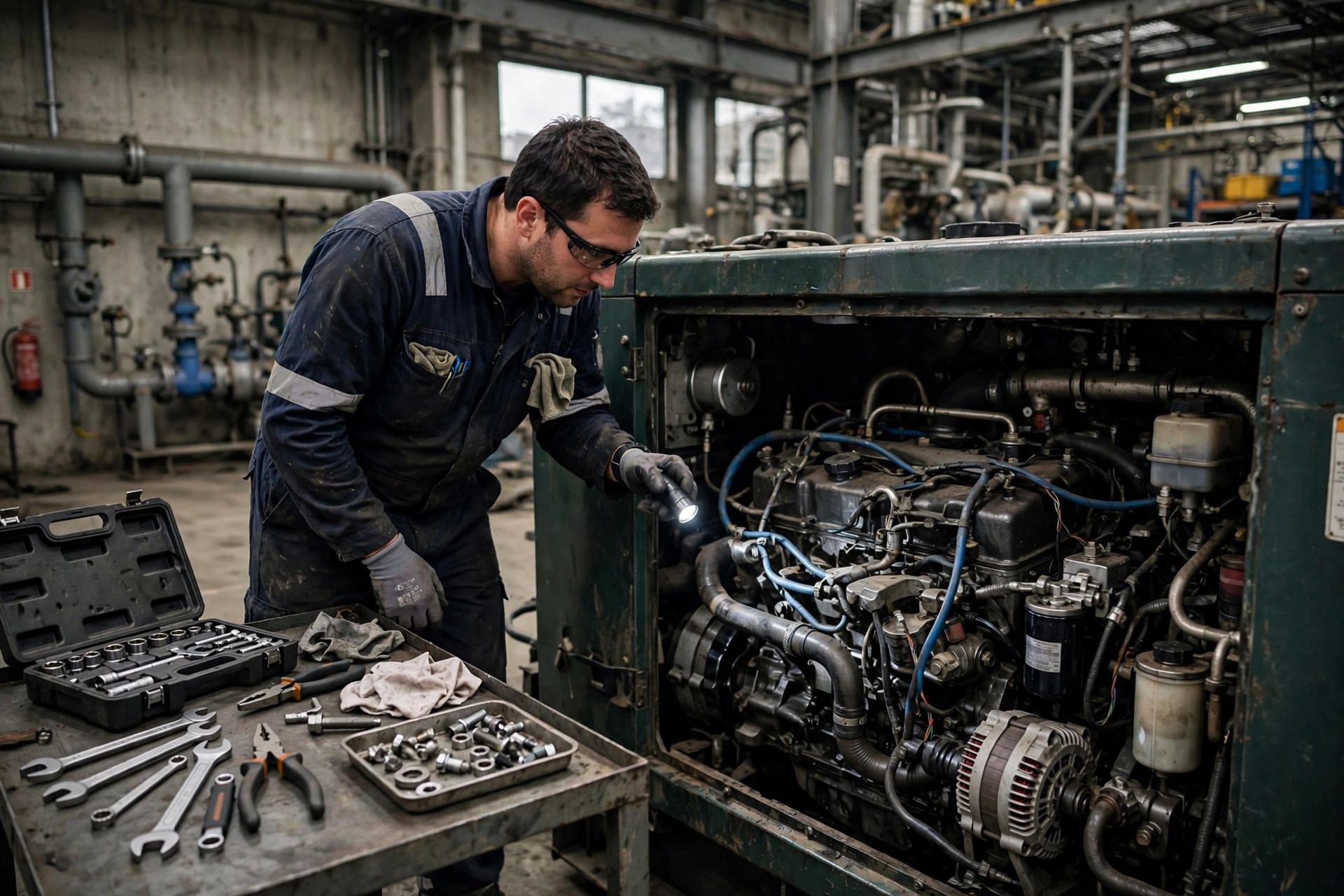 Technician inspecting a diesel generator engine compartment during a renewable fuel trial