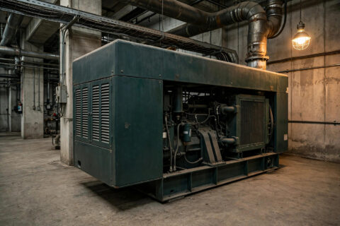Aging industrial diesel generator set in a plant room after decades of service
