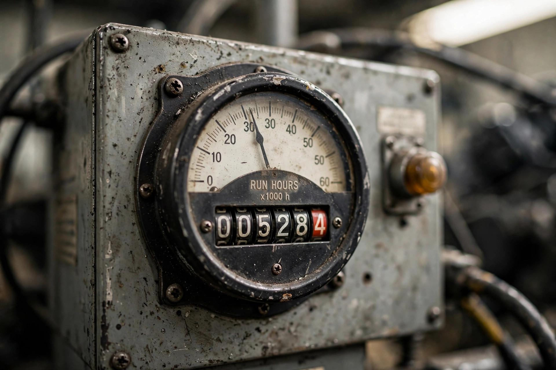 Running-hours meter on a diesel generator control panel