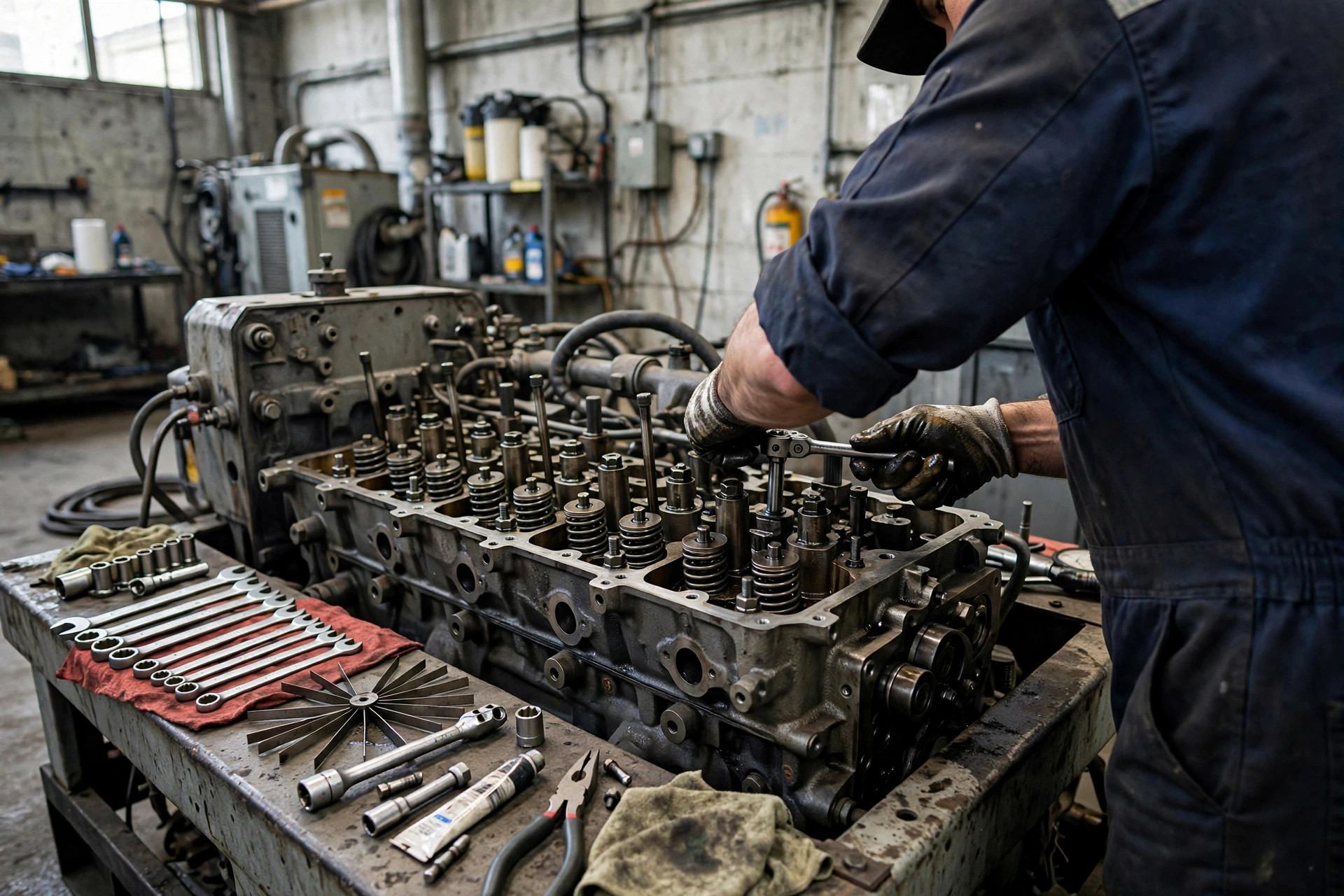 Technician performing a top overhaul on an open diesel generator engine