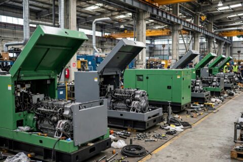 Diesel generator sets being assembled on a factory production line
