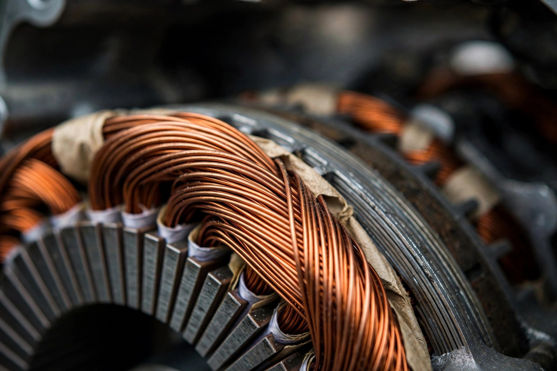 Close-up of copper windings inside a diesel generator set alternator