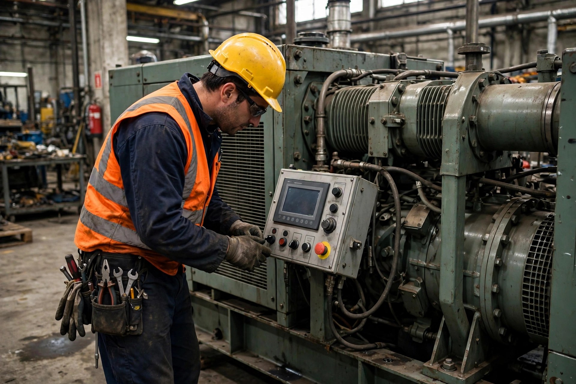 Field technician checking the digital controller of a diesel generator set