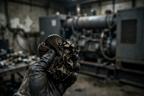 Mechanic's gloved hand holding a collapsed diesel fuel filter element in a generator room