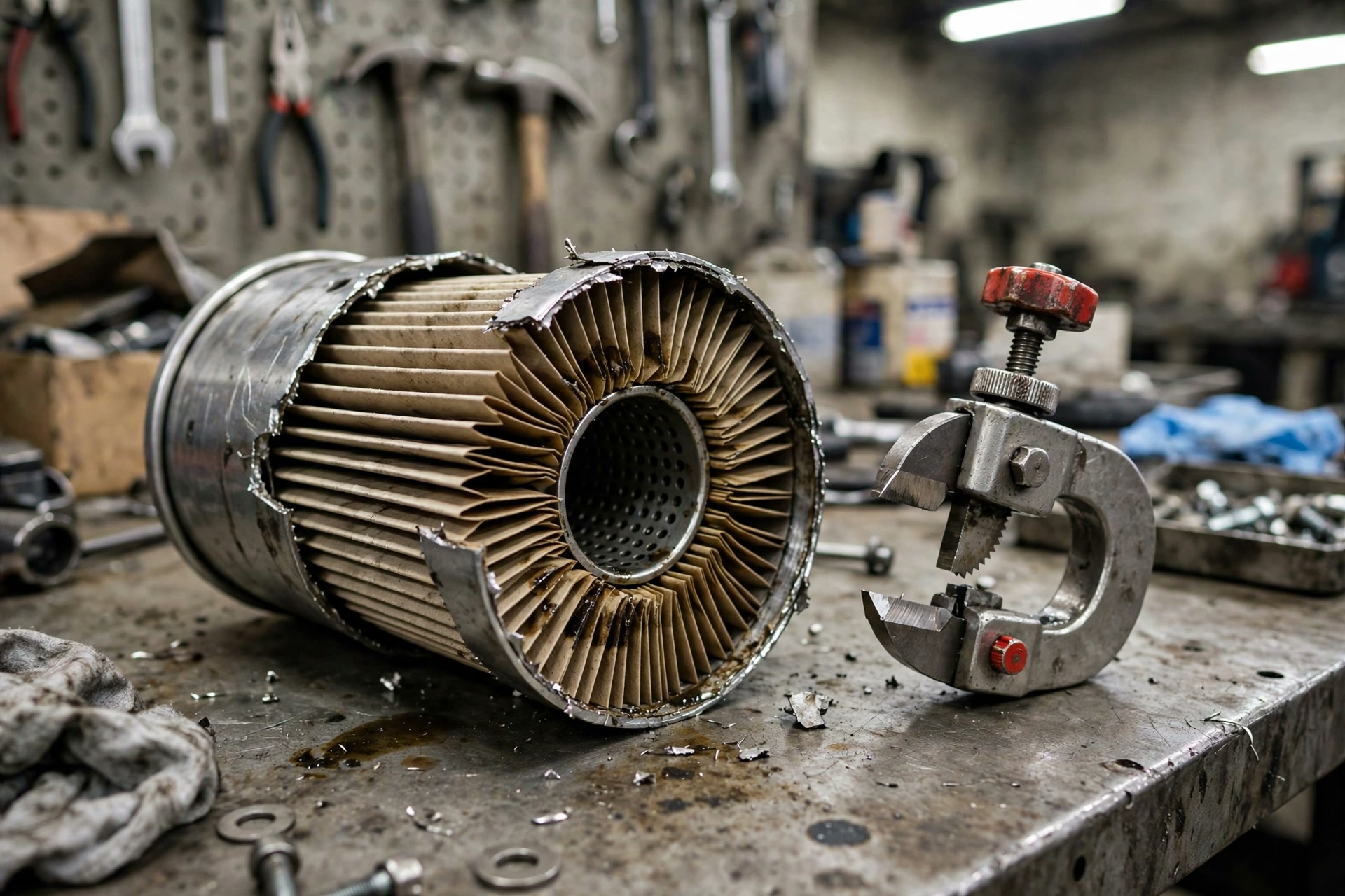 Cut-open diesel fuel filter showing thin pleated media on a service workbench
