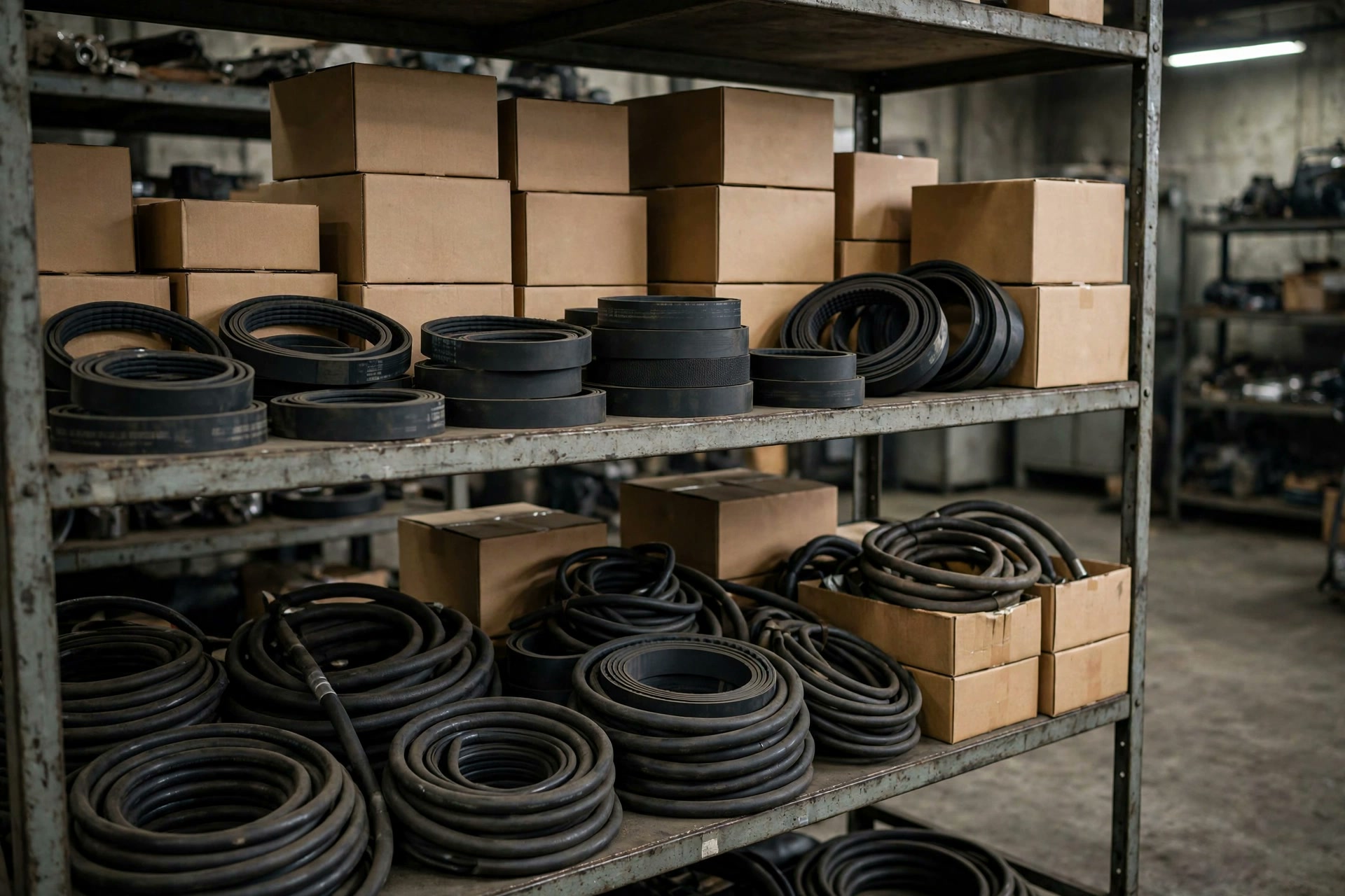 Shelf of boxed diesel generator spare parts filters in a service warehouse