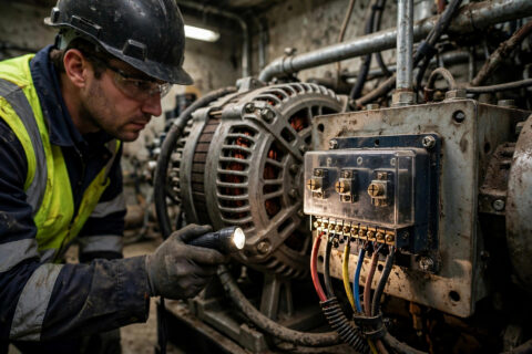 Field engineer inspecting the automatic voltage regulator module on a diesel generator alternator in a generator room