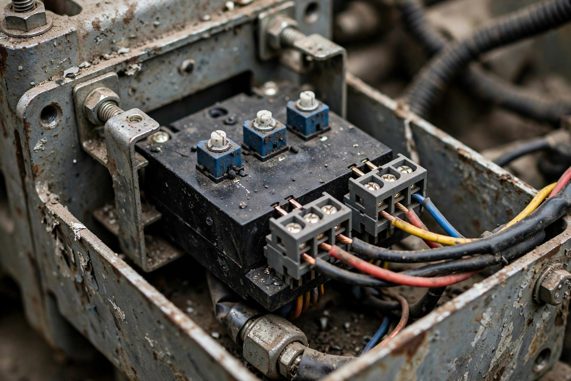 Close-up of a diesel generator AVR module with trim potentiometers and wire terminals inside the alternator terminal box