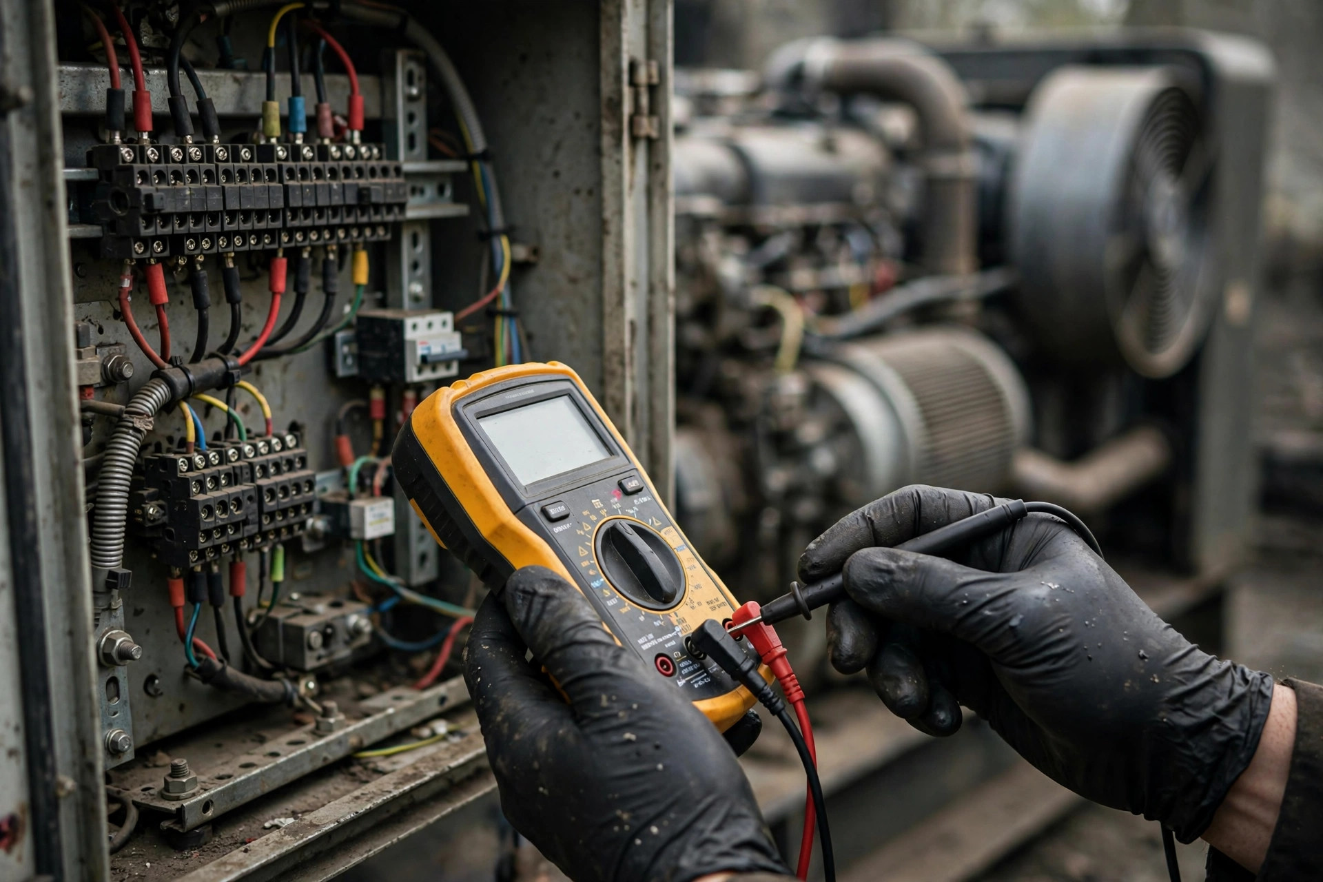 Technician measuring generator output voltage with a digital multimeter at an open control panel