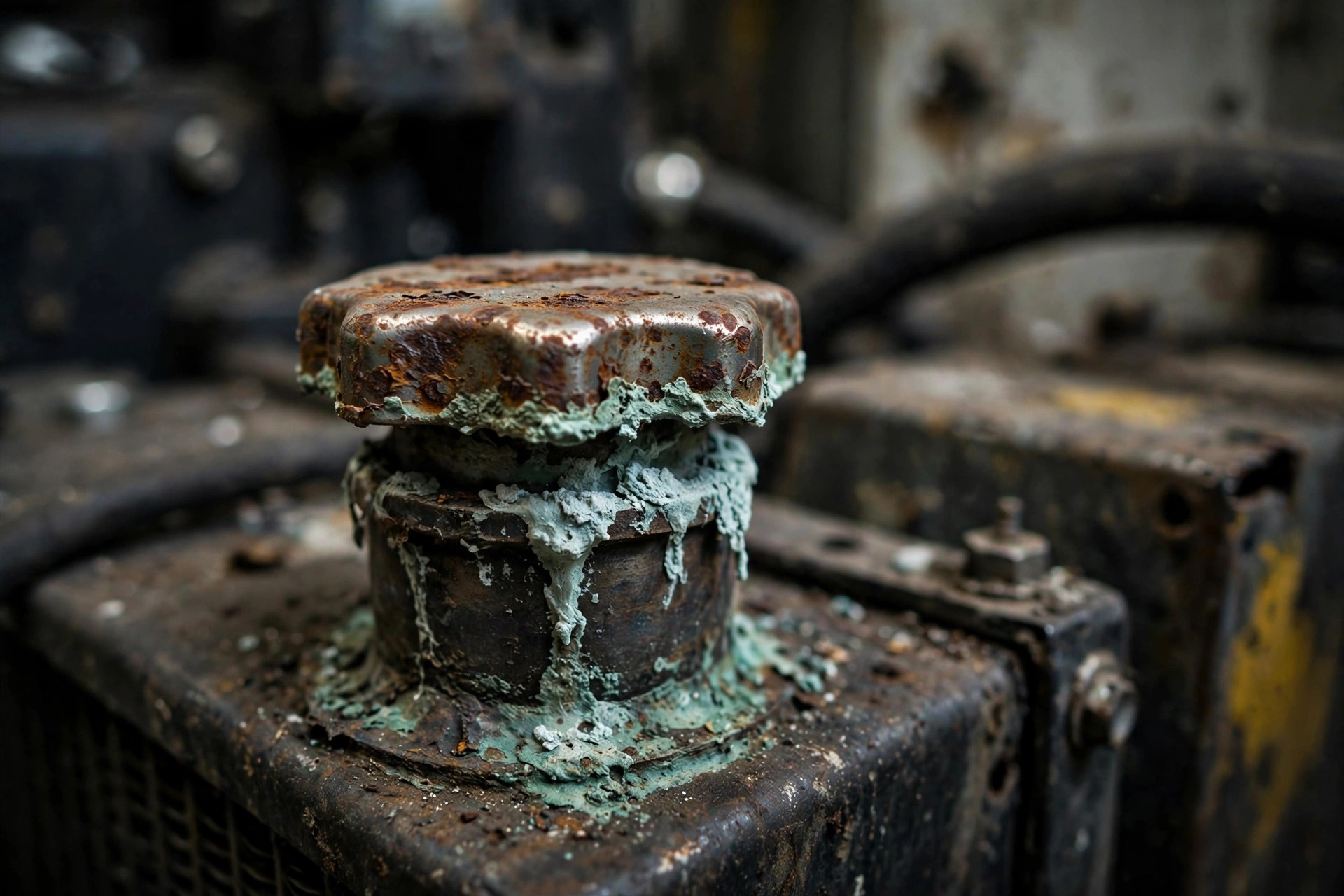 Close-up of a rusted diesel generator radiator cap and filler neck with dried crusty coolant residue