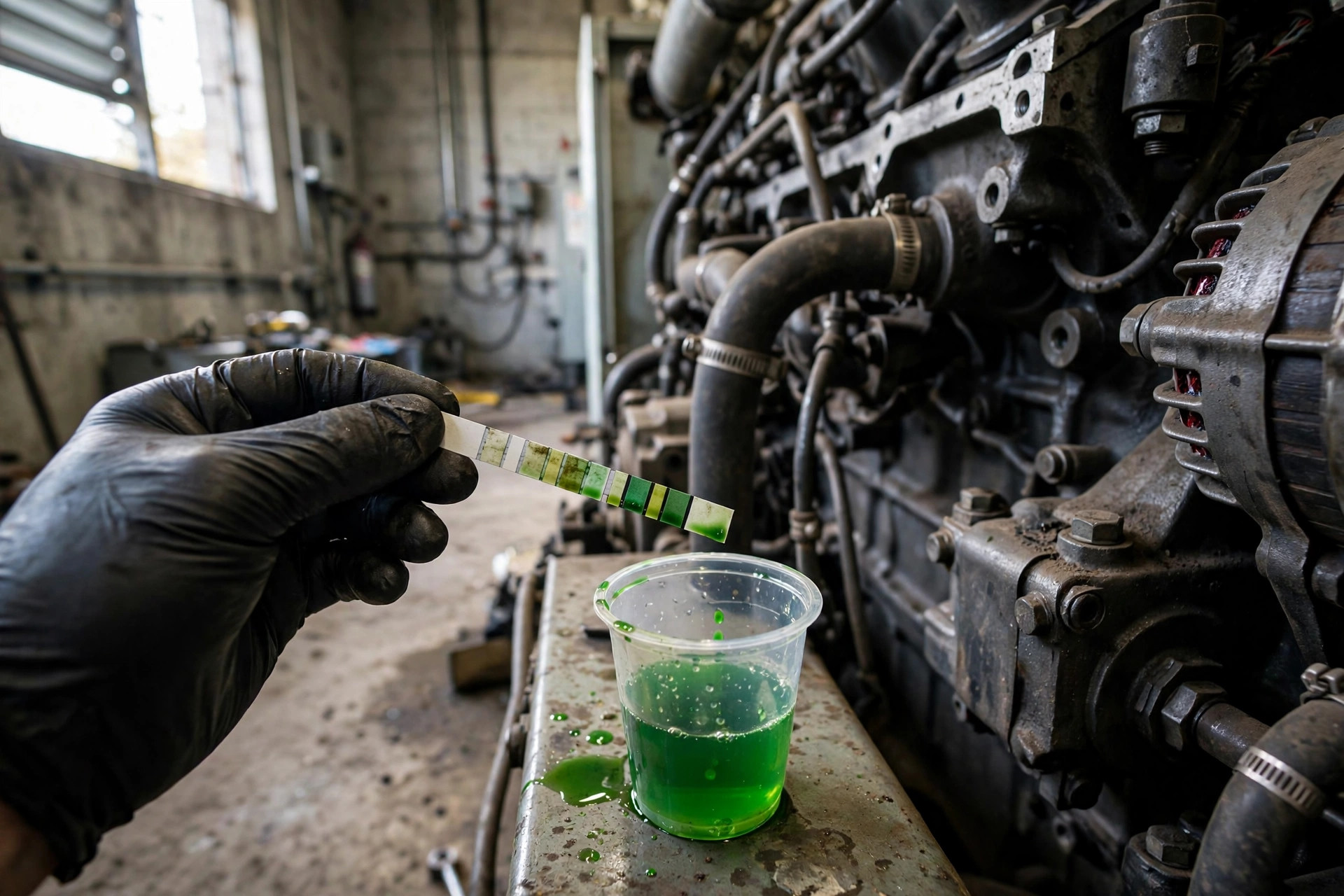 Technician's gloved hand holding a coolant test strip beside a small sample cup of green antifreeze next to a diesel generator engine