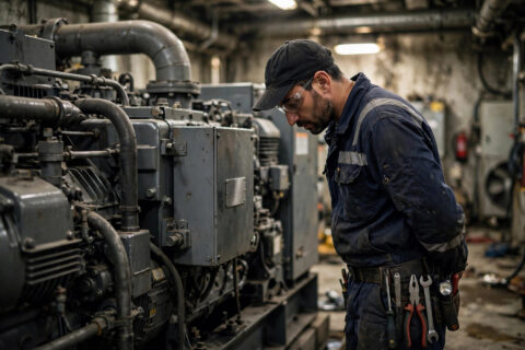 Field service technician reading the rating nameplate on an industrial diesel generator set