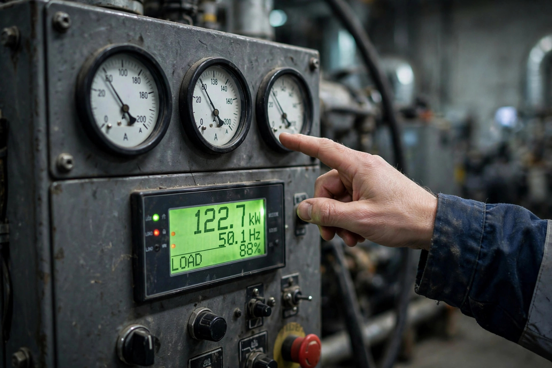 Diesel generator control panel with analog ammeters and digital display showing kilowatt load