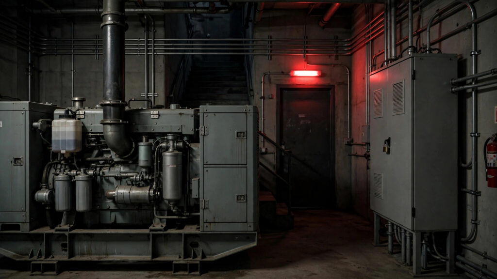 Diesel generator set in a building electrical room at night with a glowing exit sign and automatic transfer switch cabinet nearby