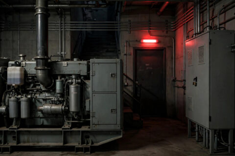 Diesel generator set in a building electrical room at night with a glowing exit sign and automatic transfer switch cabinet nearby
