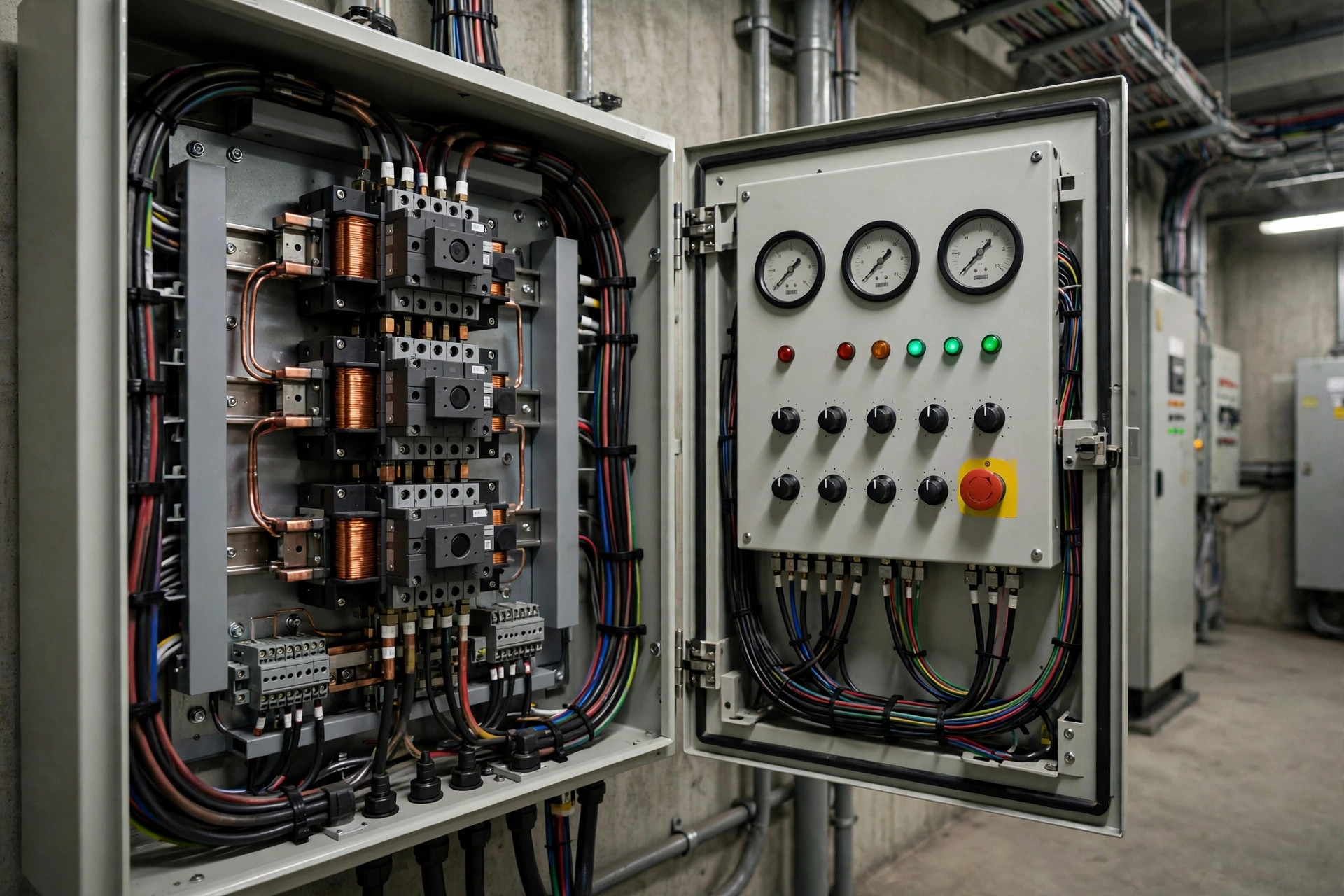 Open automatic transfer switch cabinet showing contactors and routed cables next to a generator control panel in a switchgear room
