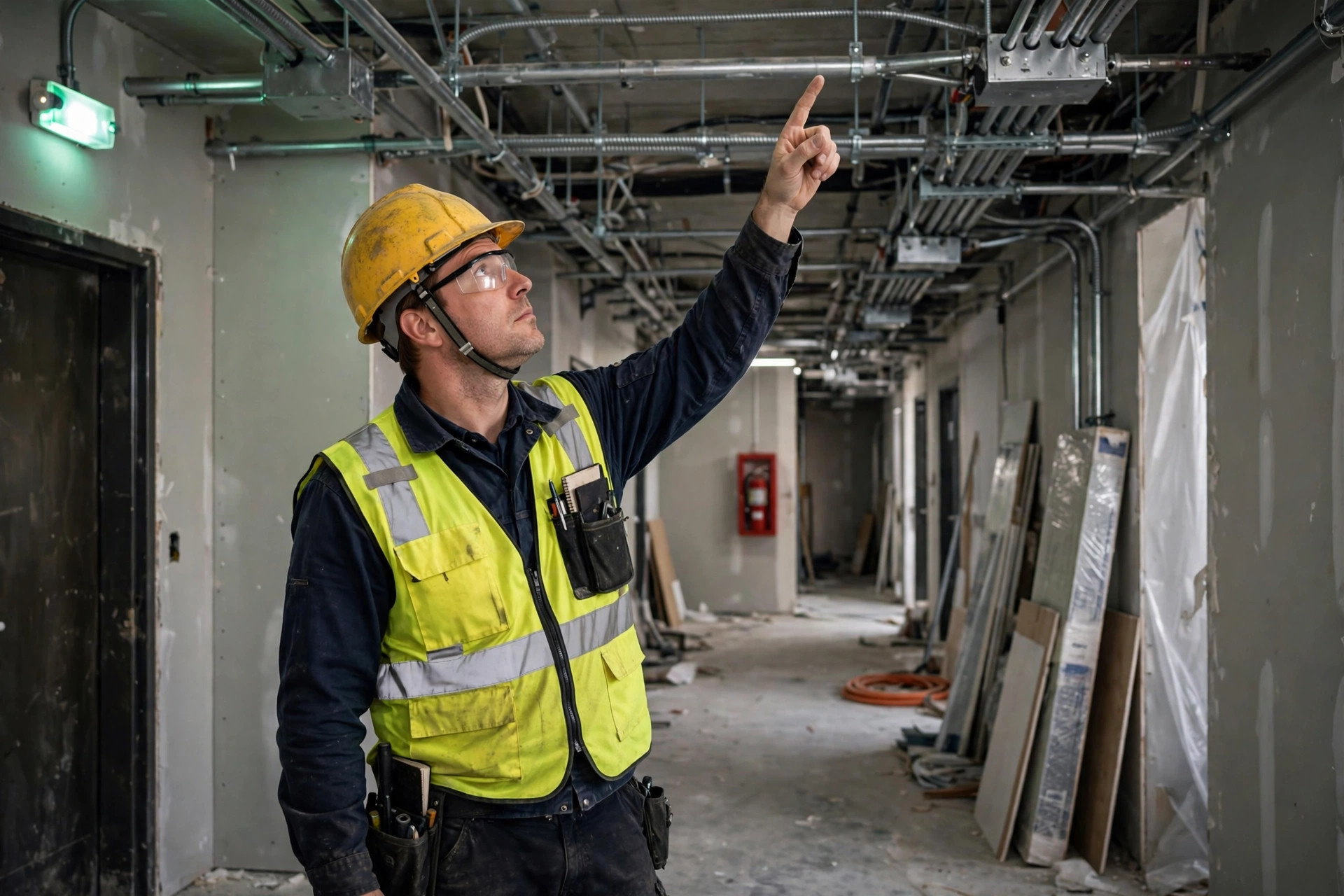 Electrical inspector in a hard hat pointing at conduit runs feeding emergency lighting circuits in a commercial building corridor