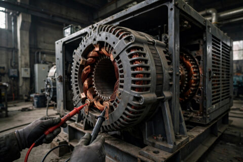 Technician testing a diesel generator alternator with an insulation resistance tester