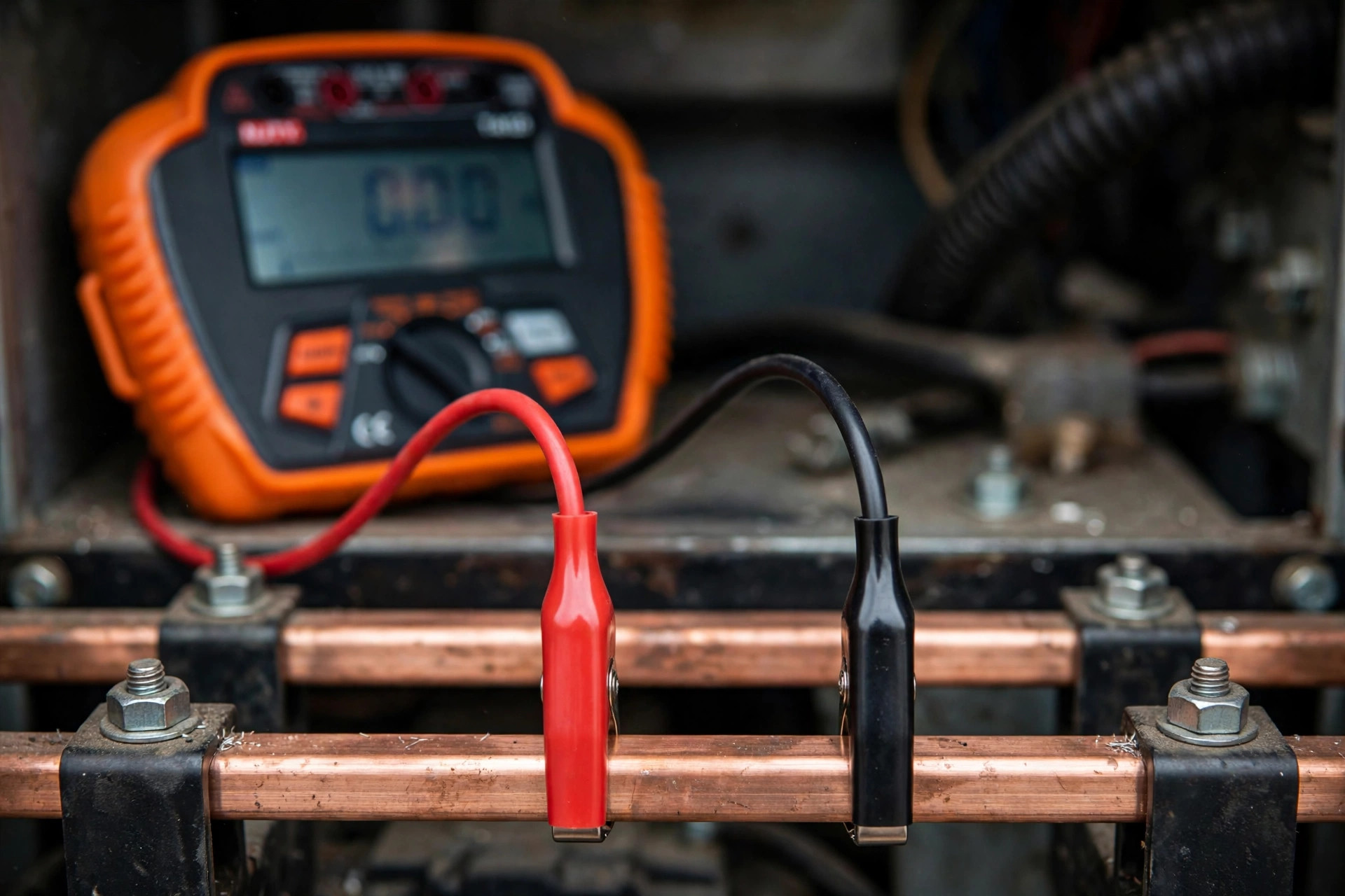 Close-up of a handheld megohmmeter with test leads on generator winding terminals
