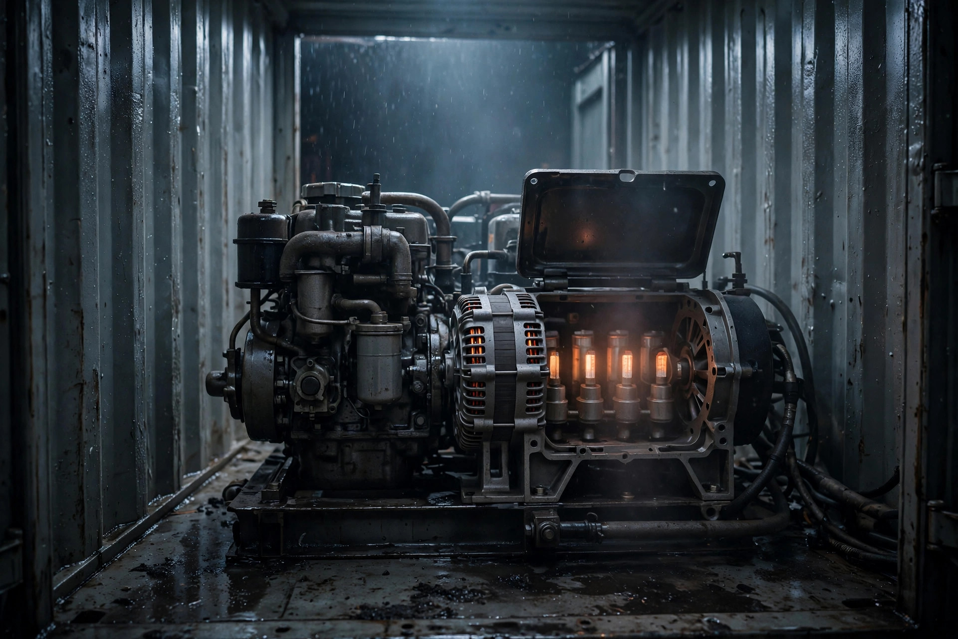 Diesel generator in a humid container with condensation on the alternator housing