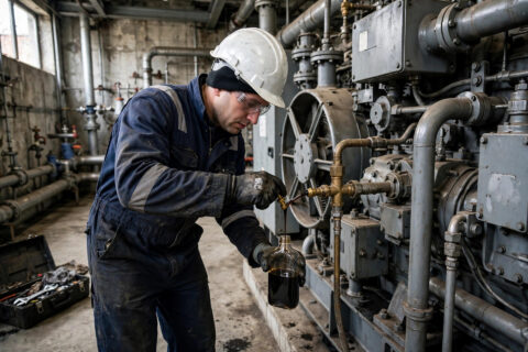 Field technician drawing a used engine oil sample from a diesel generator sampling valve