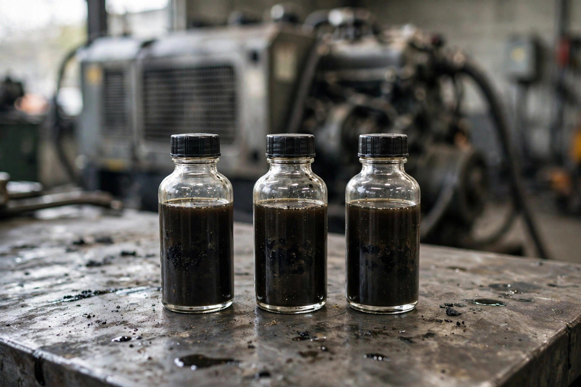 Used engine oil sample bottles from a diesel generator lined up for lab analysis