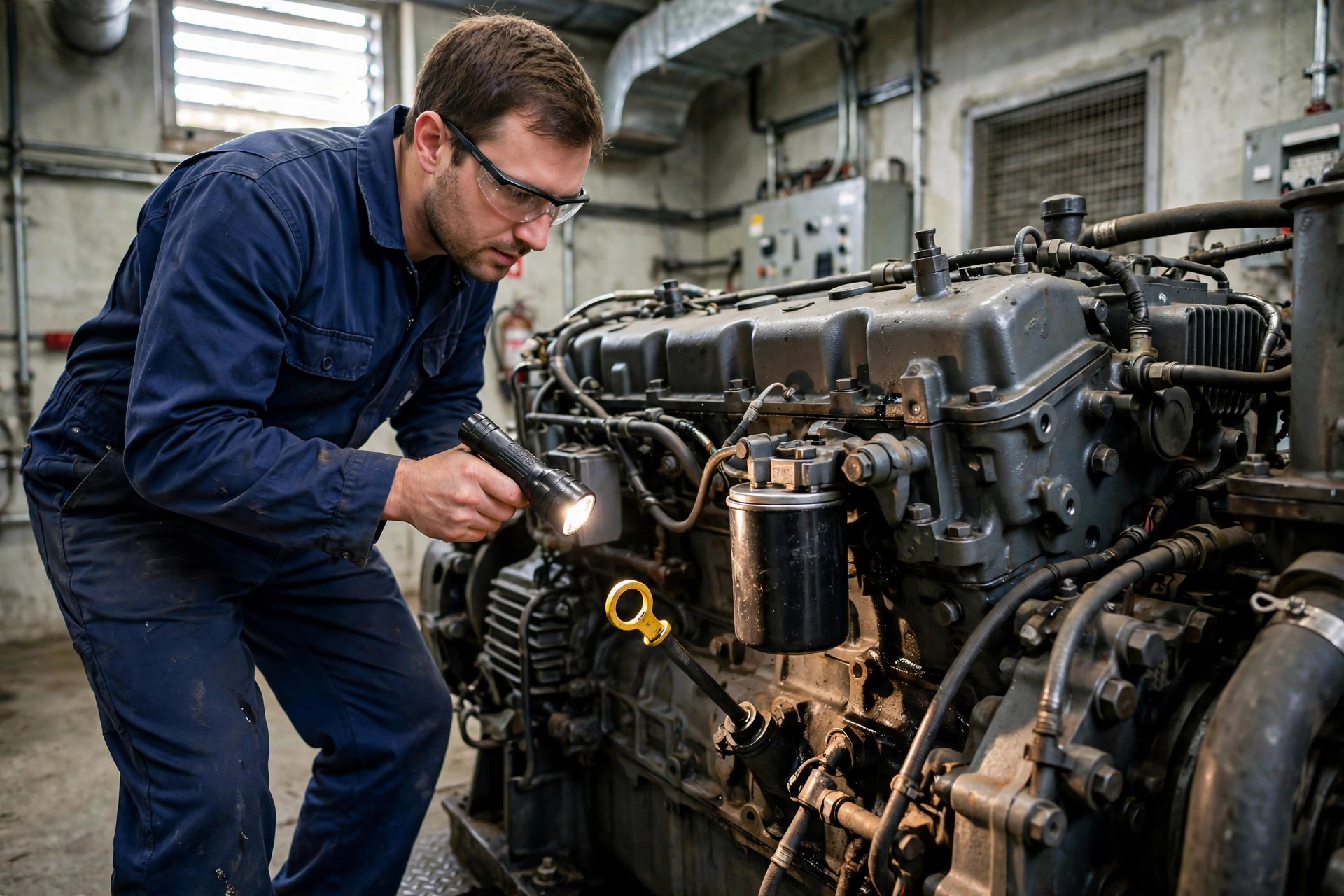 Field engineer inspecting the engine of an industrial diesel generator during a service visit